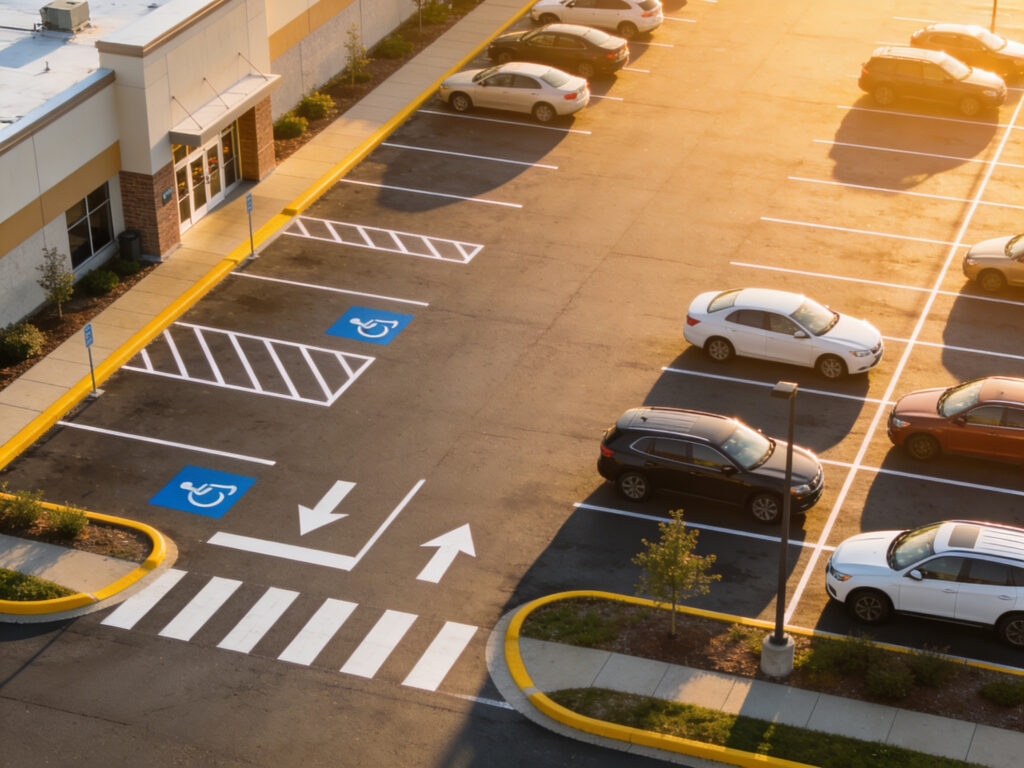 Completed commercial parking lot line striping project in Wilkes-Barre PA aerial view